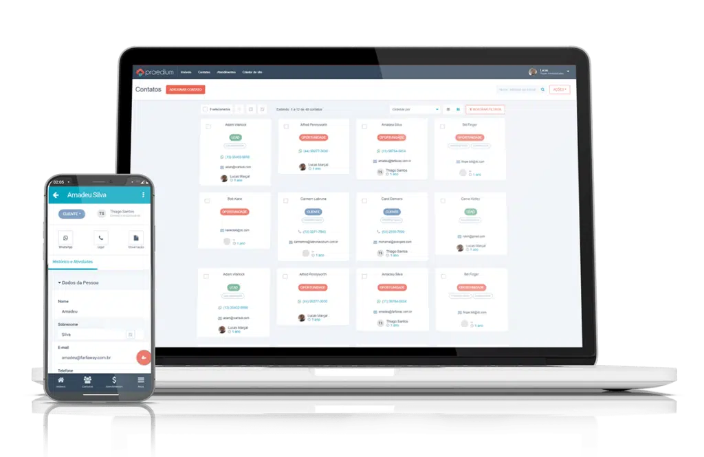 Tela de contatos do CRM Praedium